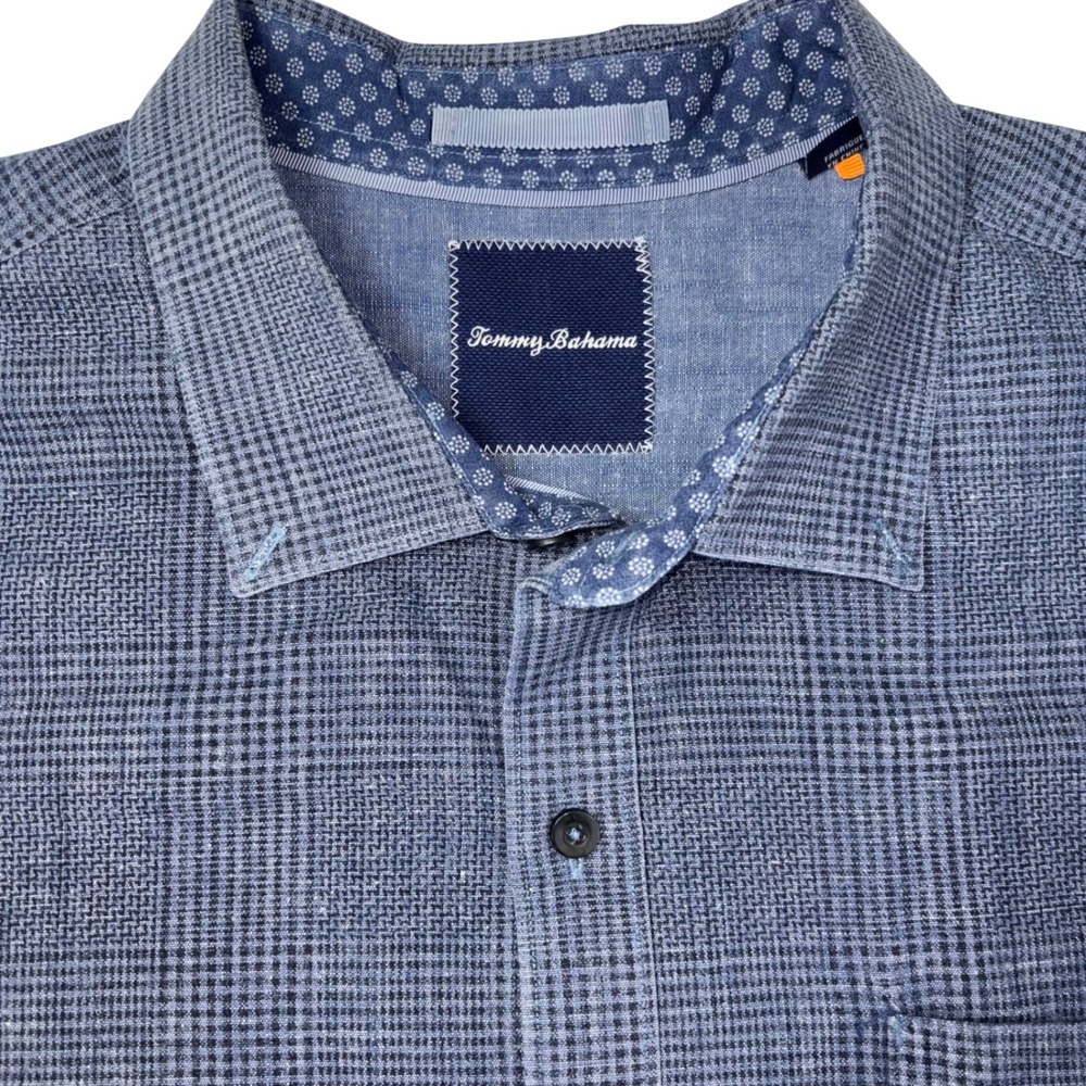 Tommy Bahama Shirt XXL Almeria Plaid Chambray Blue Button Up Long Men's